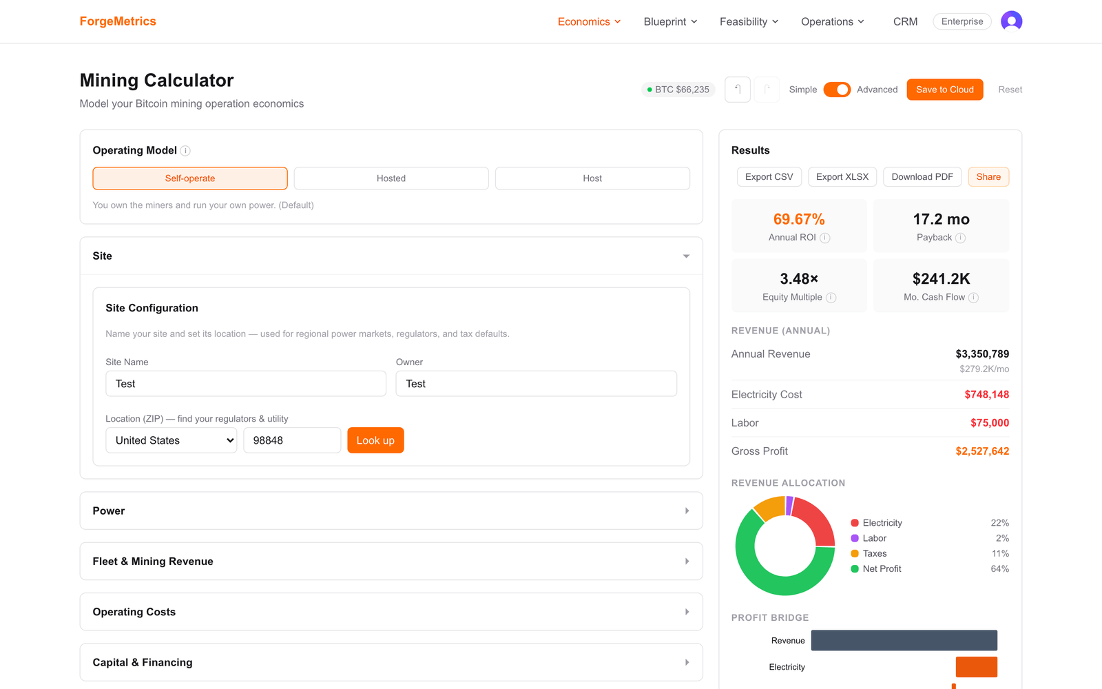 The ForgeMetrics ROI Calculator: a full-fleet mining model — miners, power rate, opex, financing and tax — resolving to annual revenue, ROI, payback, and break-even BTC price, computed from live on-chain network data.